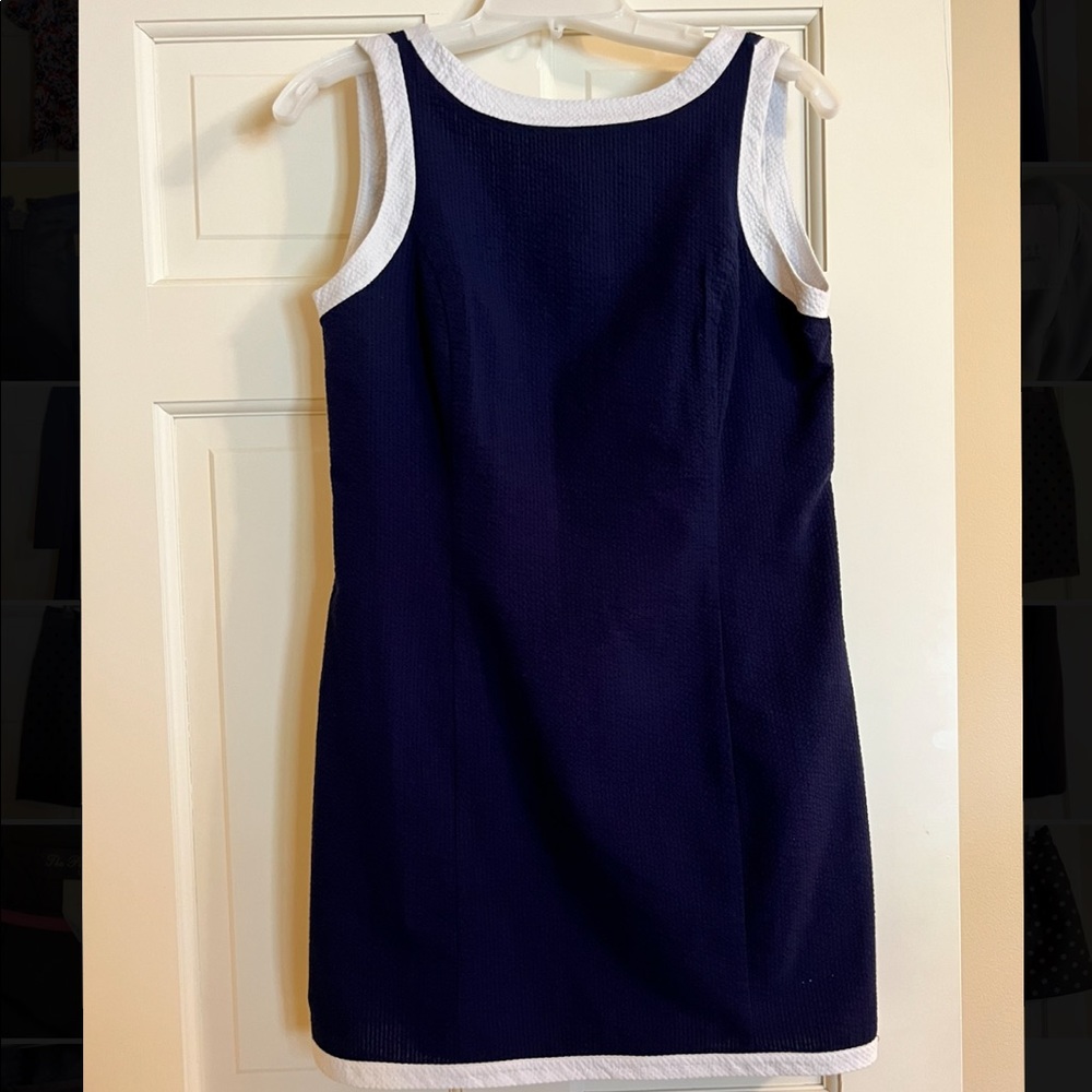 Lauren James navy and white seersucker shift dress